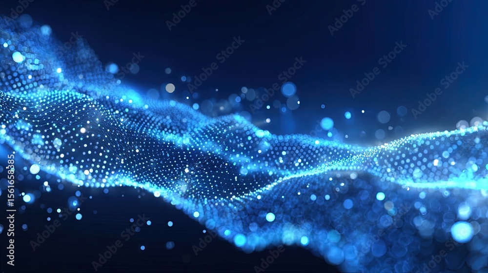 Poster Abstract Digital Data Stream with Light Particles and Waves in Blue Color Scheme.