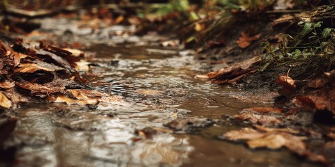 Fototapeta premium A tranquil stream winding through autumn leaves with reflections of nature's beauty