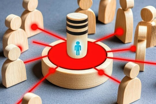 Wooden figures surrounding a central cylinder, a light-blue figure on top, connected by red lines