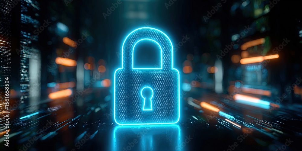 Aufkleber High Tech Cyber Security Digital Lock Icon in Blue Neon Light with Data Network Background.