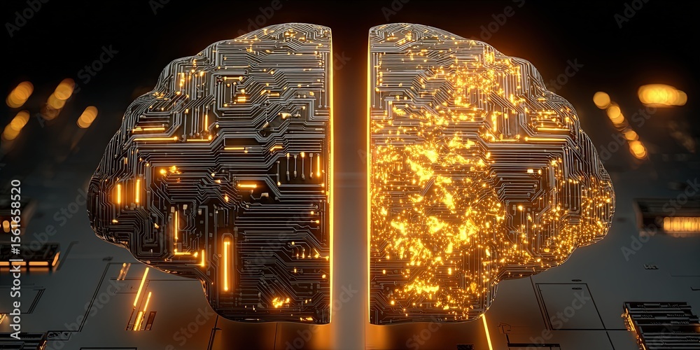 Poster Highly Detailed Digital Brain Illustration with Circuitry and Glowing Data Points.