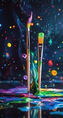 Colorful paintbrushes in motion, surrounded by vibrant splashes and specks of color against a dark background