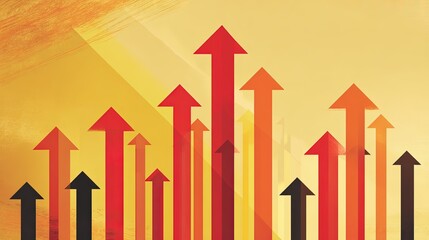 Dynamic abstract illustration featuring upward pointing arrows in vibrant red and black on yellow background.