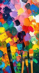 Vibrant oil paint strokes on a palette, with paintbrushes