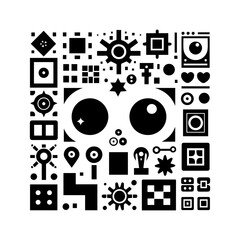 simple silhouette of Big button eyes and blocky shapes