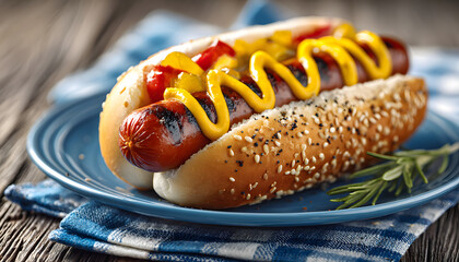 Patriotic hot dog with mustard on Fourth of July picnic plate, Independence Day celebration