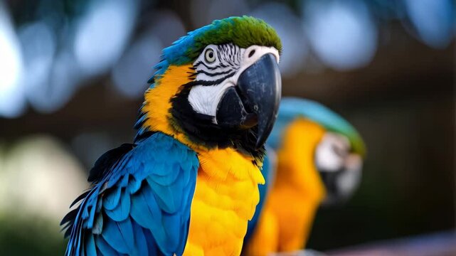 Colorful parrot headshot with blue, yellow, and green feathers, sharp focus, tropical bird, exotic wildlife, nature background