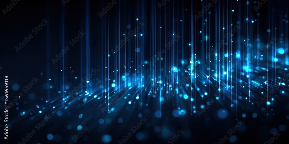 Poster vibrant blue digital light streaks and glowing particles creating high tech background.