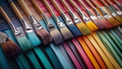 Many paintbrushes of various colors, resting on strips of assorted paint swatches