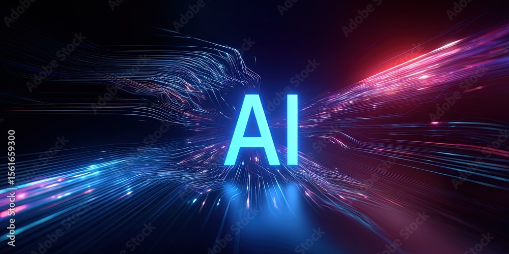 Poster Vibrant AI Concept Illustration with Dynamic Digital Data Flow and Light Effects.