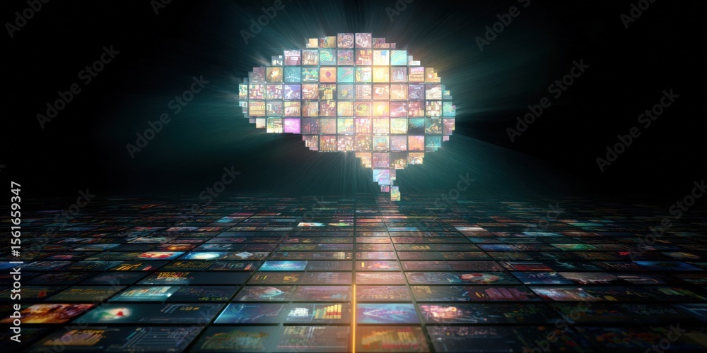 Poster futuristic digital cloud composed of colorful square screens with glowing light.
