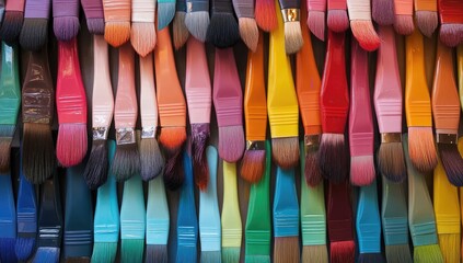 Colorful paintbrushes, various hues, hanging in rows