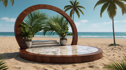 Tropical Beach Stage with Modern Circular Arch and Green Palm Leaves for Event or Ceremony