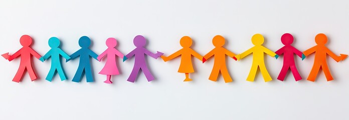 A horizontal row of colorful paper cut-out figures, linked hand-in-hand