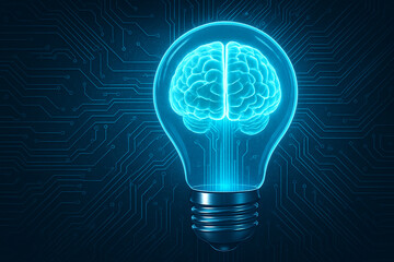 Futuristic Concept of Artificial Intelligence and Brain Technology Inside a Glowing Light Bulb Design