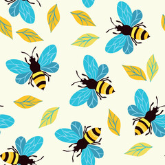Seamless pattern with bees. Small wasp. Vector illustration. Design for invitation, cards, textile, fabric. Doodle style.