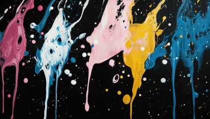 Abstract drips of paint in various colors on black background