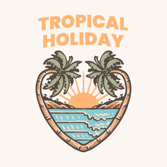 Retro Tropical Holiday Heart with Palm Trees and Sunset. t shirt print design