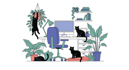 Cozy Home Office Scene with Black Cats and Lush Green Plants Creating a Peaceful Workspace