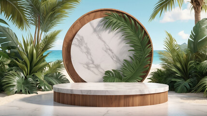 Tropical Beach Product Display Podium with Marble and Wood Circle Frame Surrounded by Palm Leaves