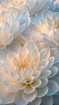Close up macro shot of delicate white dahlia flower petals with soft golden light