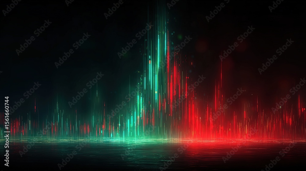 Poster Vibrant Data Visualization with Bright Colorful Light Beams and Digital Particles.