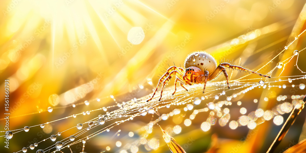 Wall mural magical macro of a spider on a sparkling web at sunrise with a bokeh background.