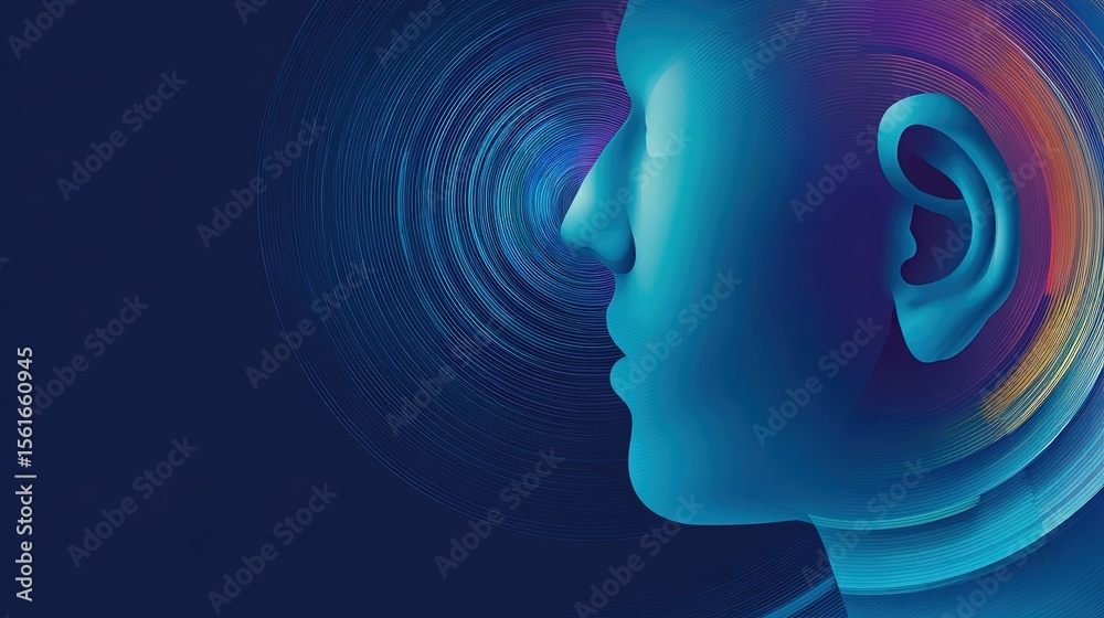 Poster futuristic digital abstract of human face profile with colorful neon circles and swirls.