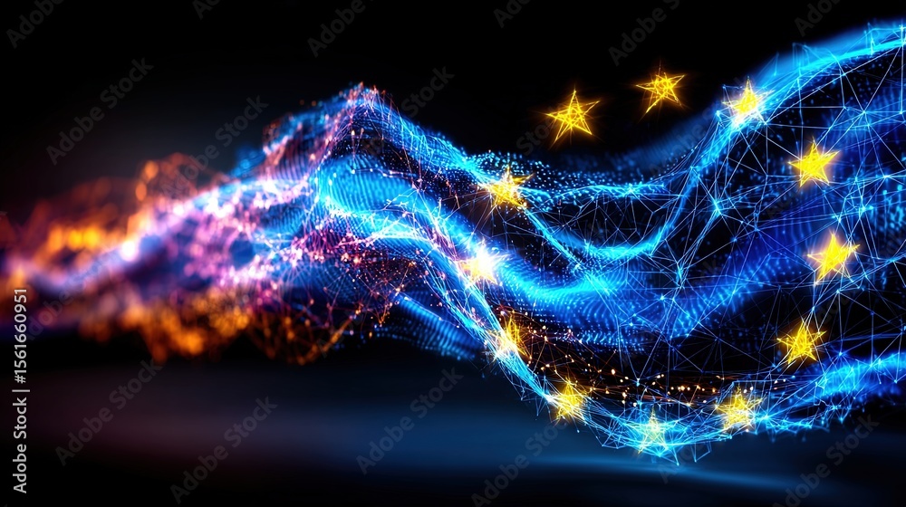 Poster dynamic abstract of interconnected glowing blue and orange waves with stars on black background.