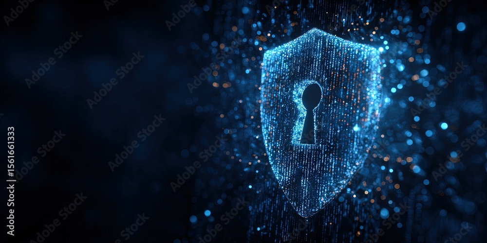 Poster Digital Security Concept with Bright Blue Shield and Keyhole in Network Space.