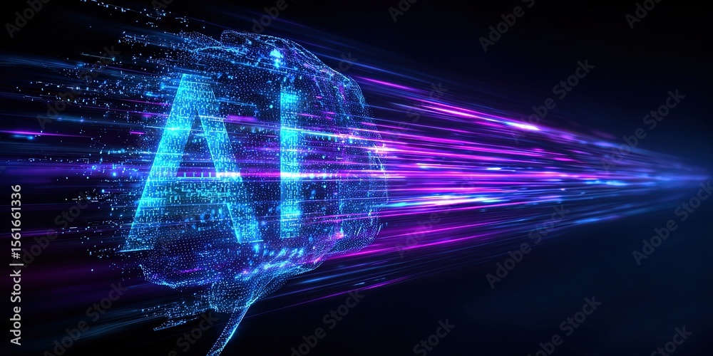 Poster Futuristic AI Technology Concept with Digital Data Streams and Neural Network Visualization.