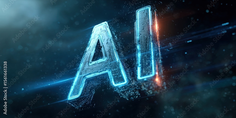 Poster Futuristic AI technology concept with glowing holographic AI letters and digital elements.