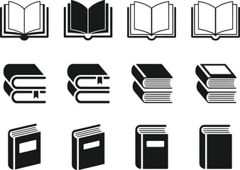Collection of twelve black and white book icons representing different styles and orientations