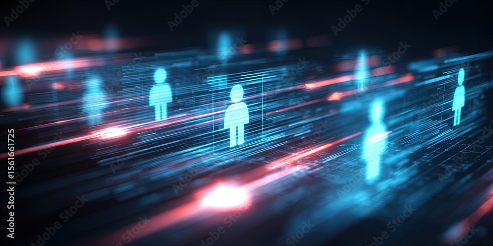 Poster futuristic digital network with glowing human icons in a high-tech online environment.