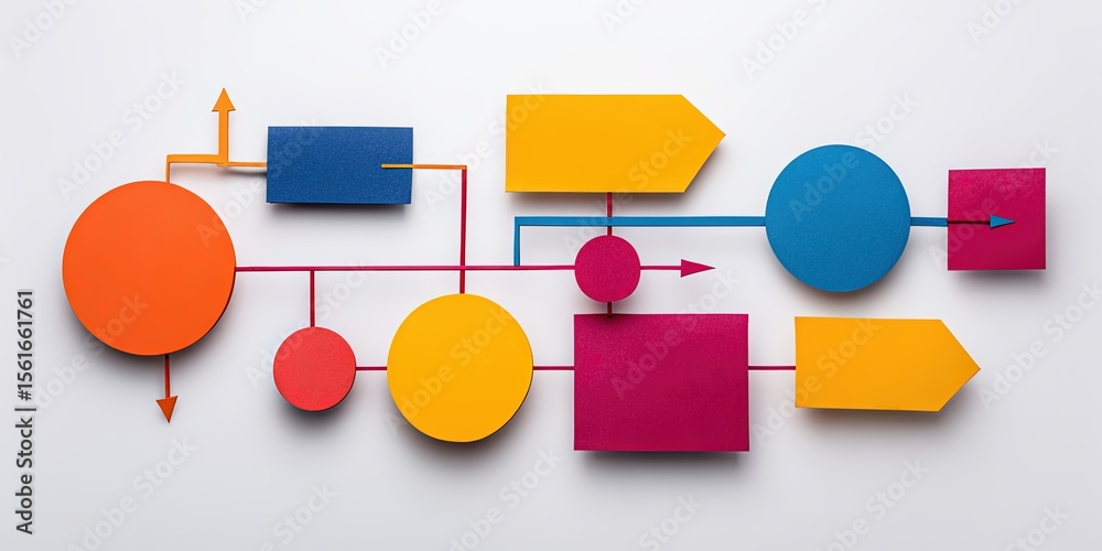 Poster Colorful Geometric Line Art Illustration with Circles Rectangles and Arrows.