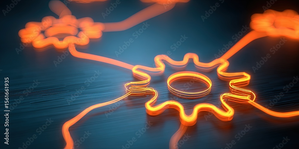 Poster bright neon gear and circuit connections glowing on dark reflective surface in technological display