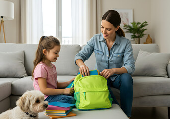 Mother and daughter prepare backpack for school, aided by a small dog.