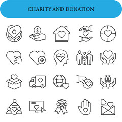 Fototapeta premium Set of icons related to charity and donation, depicted in thin black lines. Volunteering and donation icons for web and mobile app. Help, caring, solidarity, alms, donate, volunteer, care, charity 