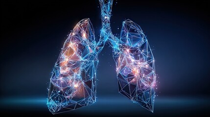 Detailed digital illustration of human lungs with glowing wireframe sketch and light effects.