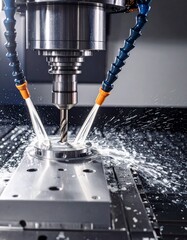 CNC milling machine processing on steel with cooling