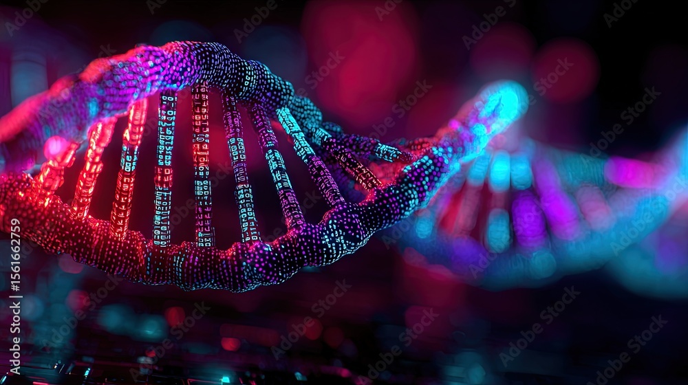 Poster vibrant glowing dna strand illuminated with neon colors in a futuristic laboratory scene.