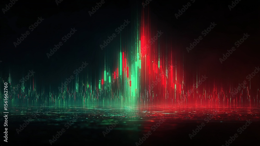 Poster Abstract digital sound wave visualization with vibrant green and red spectrum glow.