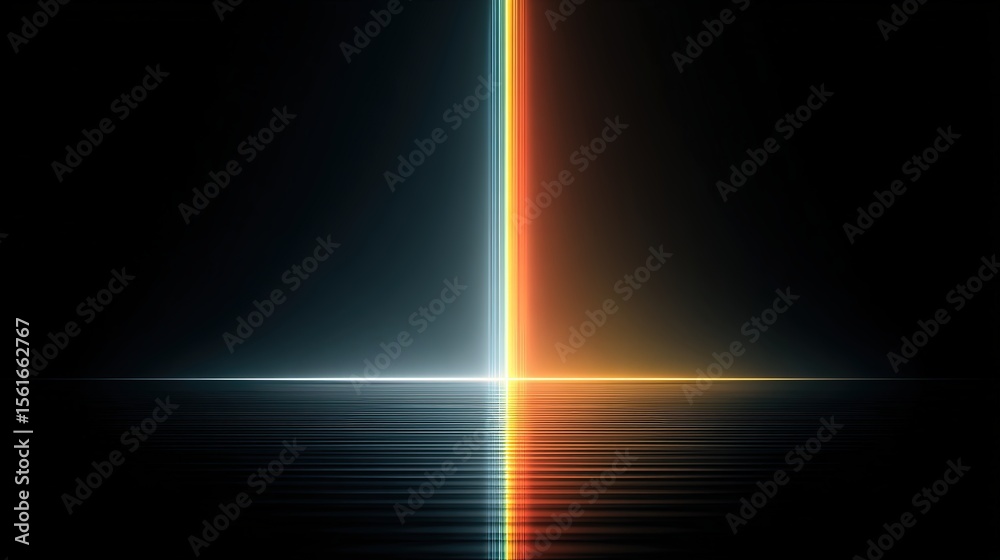 Poster Vibrant Neon Light Beam Split with Bright Reflection on Dark Surface.