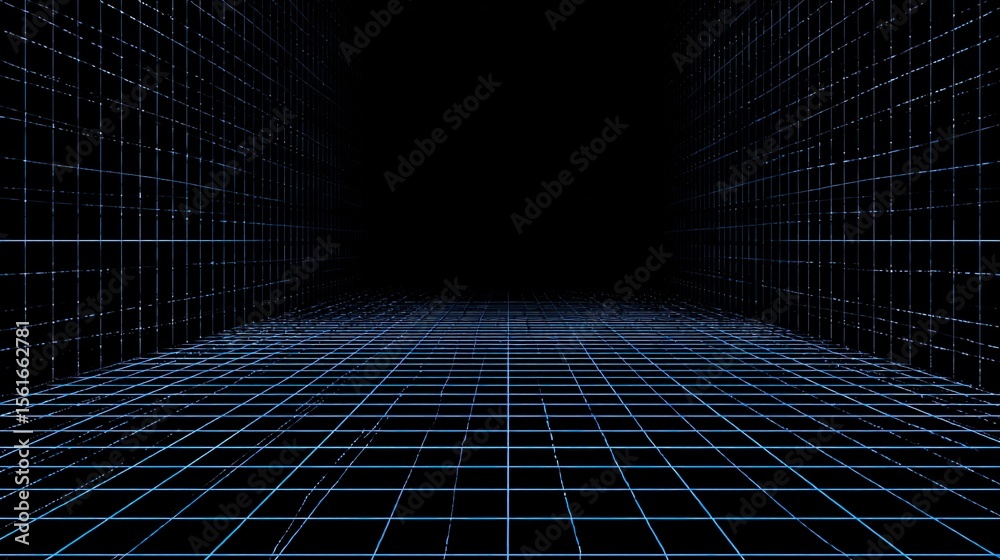 Poster Futuristic digital virtual reality tunnel with glowing grid lines and immersive environment.