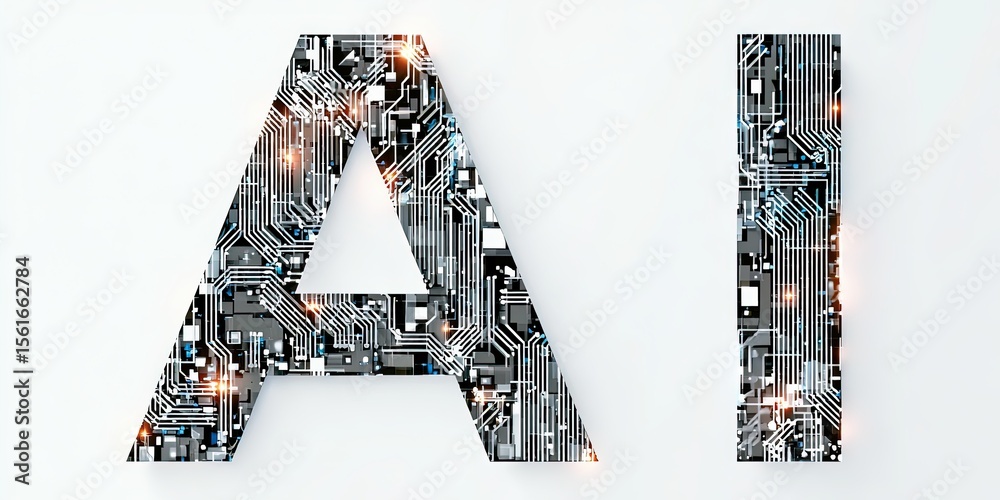 Poster highly detailed futuristic circuit board patterns forming letter a on white background.