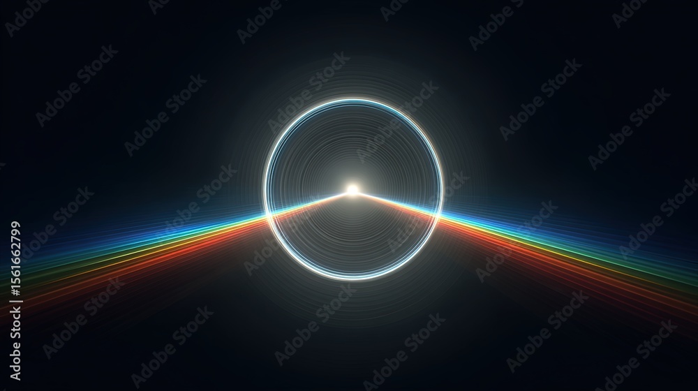 Poster Futuristic digital art of glowing circular light with rainbow reflecting lines in outer space scene.