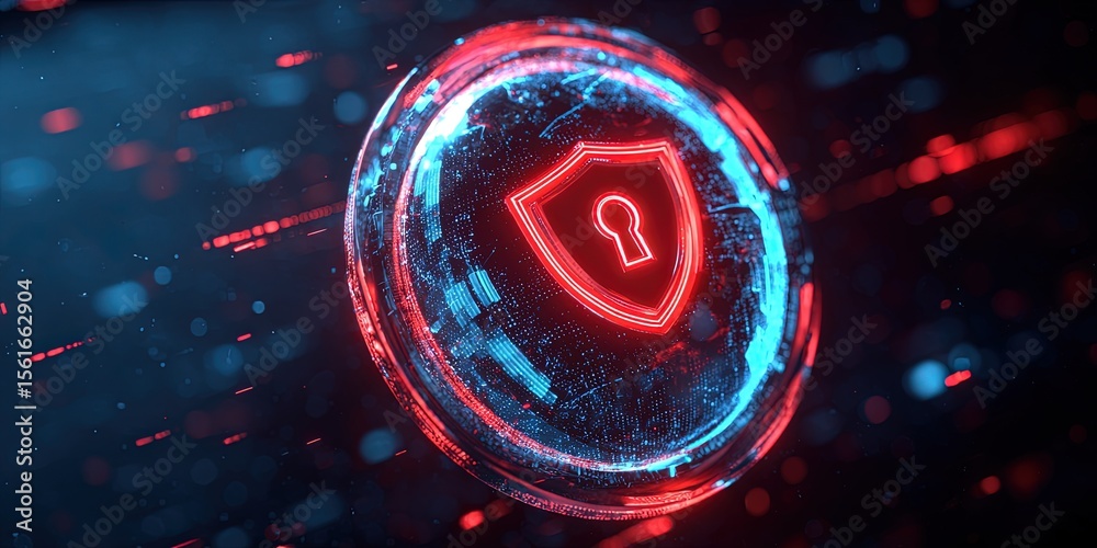 Poster futuristic digital security shield with glowing lock icon in vibrant neon blue and red light.