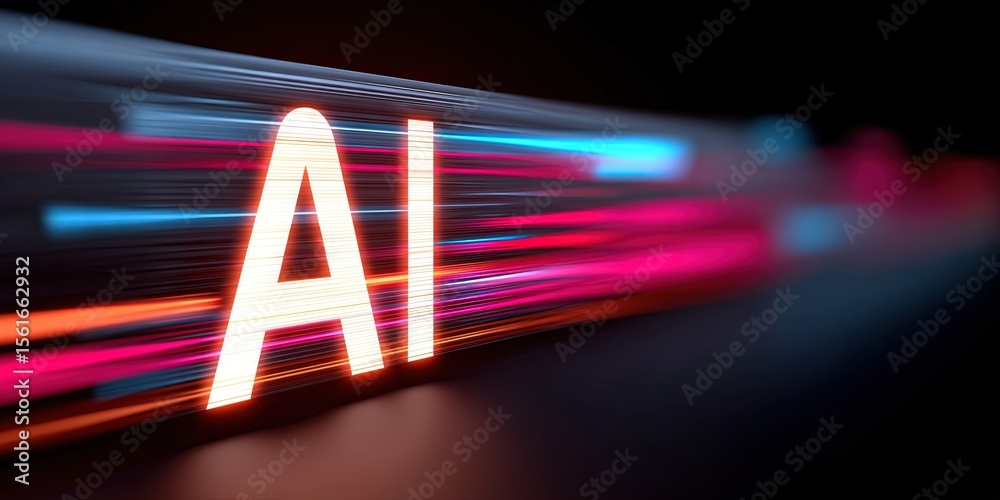 Poster futuristic ai technology concept with bright neon light and motion blur effect.