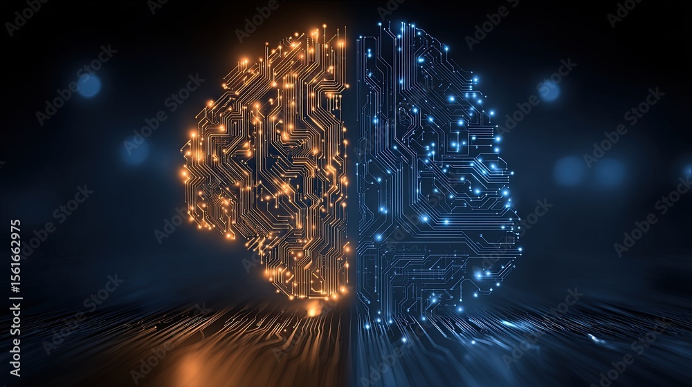 Poster futuristic digital brain split with circuitry and light effects in blue and orange.