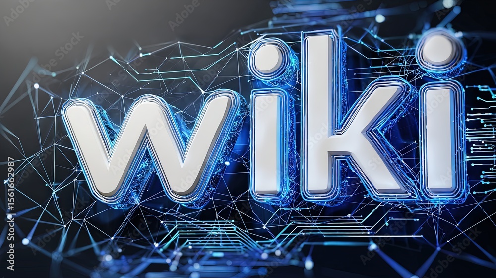 Poster Digital graphic representing the word wiki with interconnected technology network background.